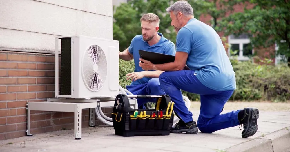 AC technician inspecting a unit