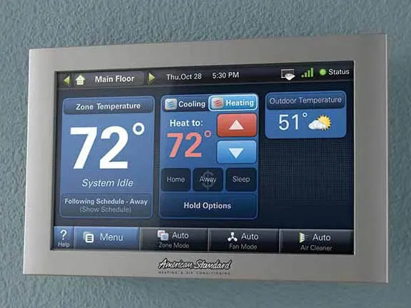 American Standard smart thermostat displaying 72 degree zone temperature -- Cold Factor home automation services Lewisville TX
