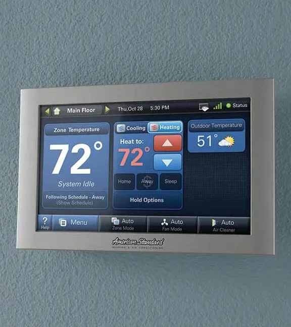 American Standard smart thermostat displaying 72 degree zone temperature -- Cold Factor home automation services Lewisville TX