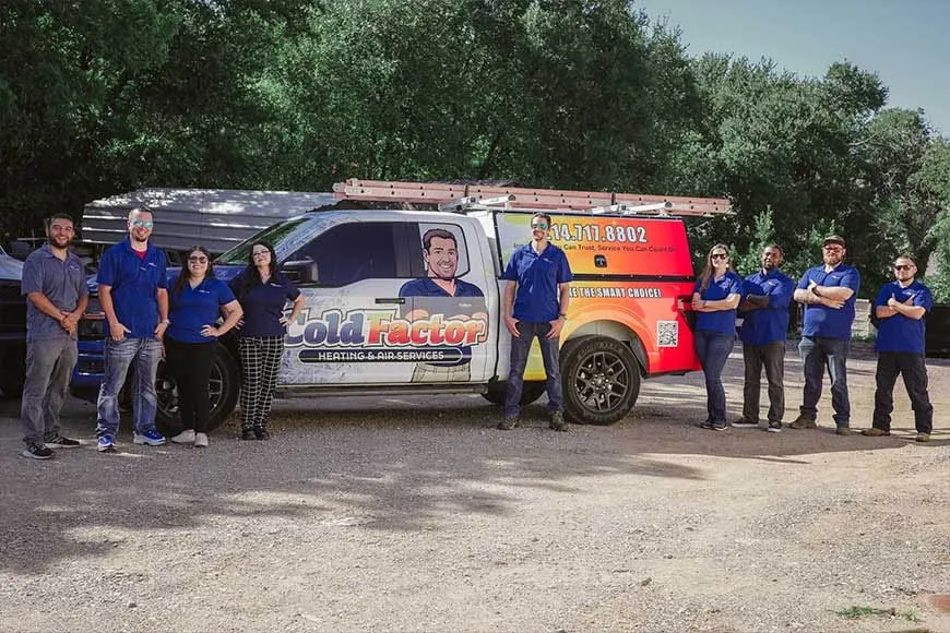 Cold Factor Heating and Air Services team with branded service truck in Lewisville TX