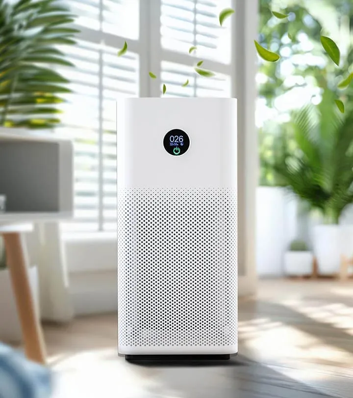Whole home air purifier with air quality display running in a bright living room -- Cold Factor indoor air quality services